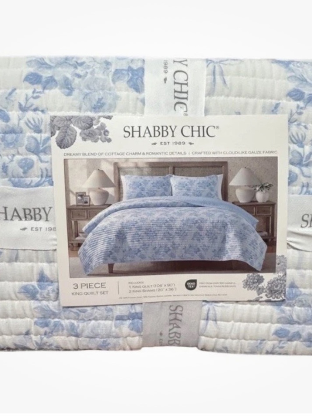 Shabby Chic Floral Blue and White King Quilt Set 106”x90”